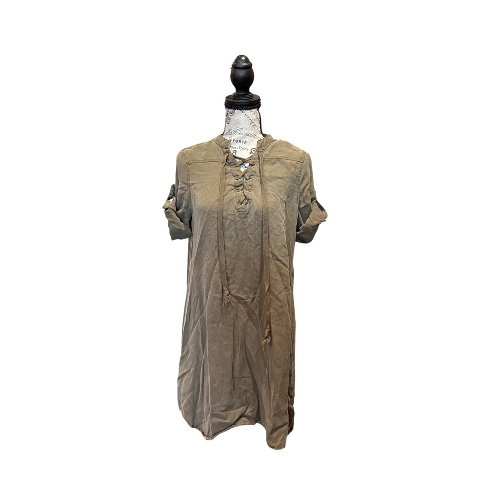 Dress Forum Olive Green Tencel Lace Up Roll Tab Sleeve Shirt Dress FD1553 Medium
